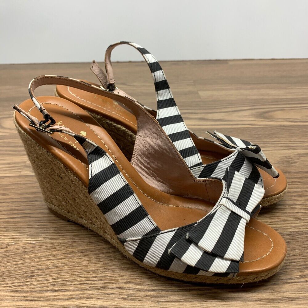 Kate Spade Sandals 8.5 Black White Boardwalk Espadrille Slingback Stripes Wedge‎